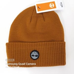 Timberland Wheat Rubber Logo Ribbed Knit Cuff Beanie Skull Cap
